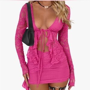 Hot Pink Lace Two-Piece Mini Dress